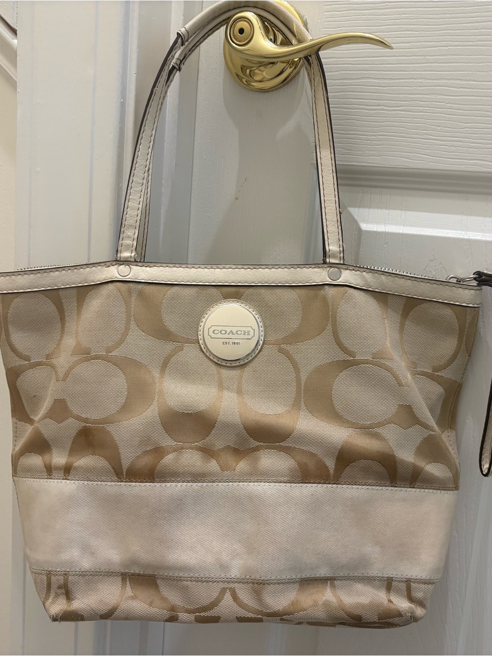 Coach Beige Signature Canvas Tote with Leather Trim